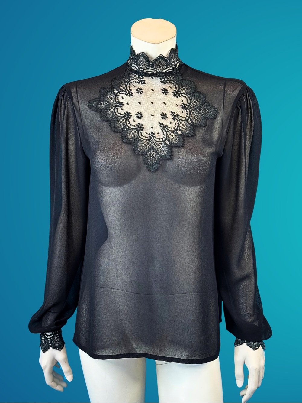 Vintage VICTORIAN REVIVAL High Neck Gothic Illusion Chiffon & Lace Blouse | S